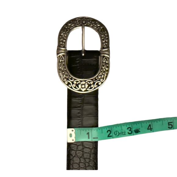 Womens Belt Black Faux Alligator Croc Leather Oval Silver Scroll Buckle XL 33-37 - Picture 7 of 8